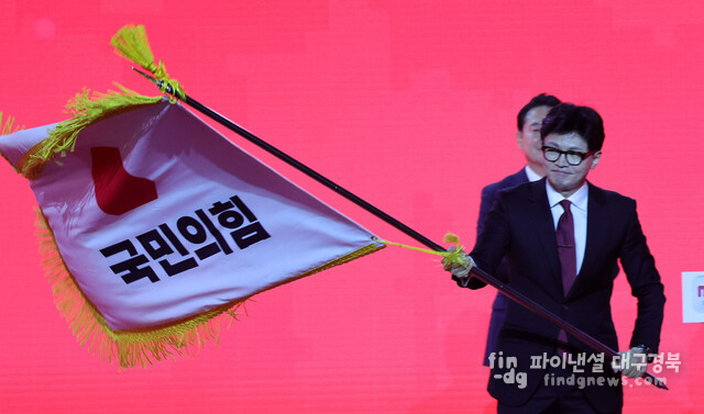 국민의힘 한동훈 당대표가 당기를 흔들고 있다 ⓒ연합