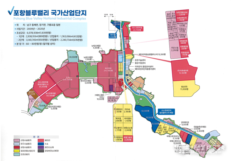 블루밸리 국가산단 분양지도, 왼쪽 붉은색이 포스코퓨처엠 관련부지 ⓒ포항시