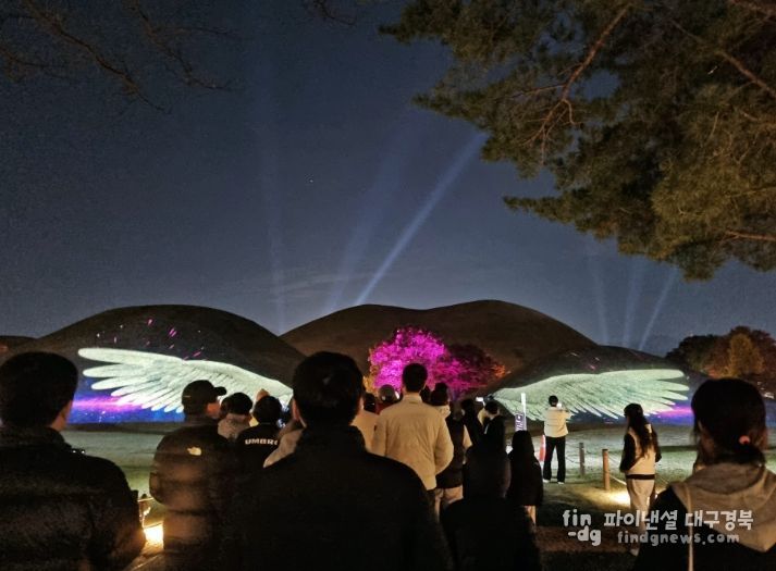 대릉원 일원에서 열린 ‘2025 국가유산 미디어아트 경주 대릉원’ 행사에서 관람객들이 고분에 투사된 미디어아트 영상을 감상하고 있다.