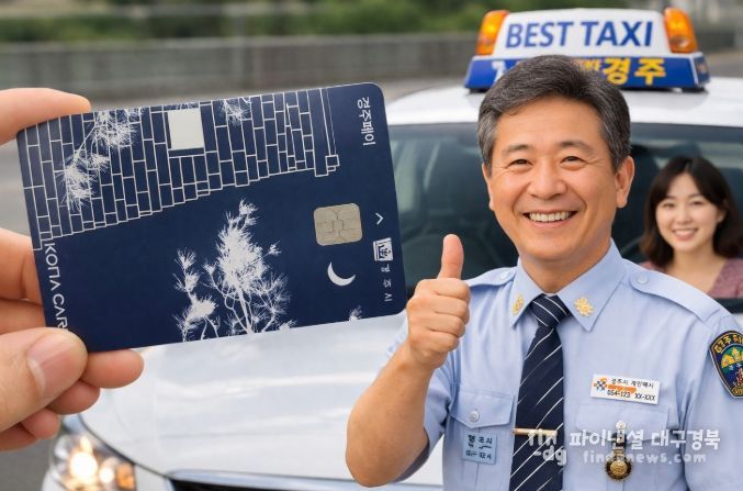 경주페이 카드로 택시요금을 결제하는 모습과 함께 택시기사가 환하게 웃으며 엄지를 들어 보이고 있다. <AI생성 이미지>